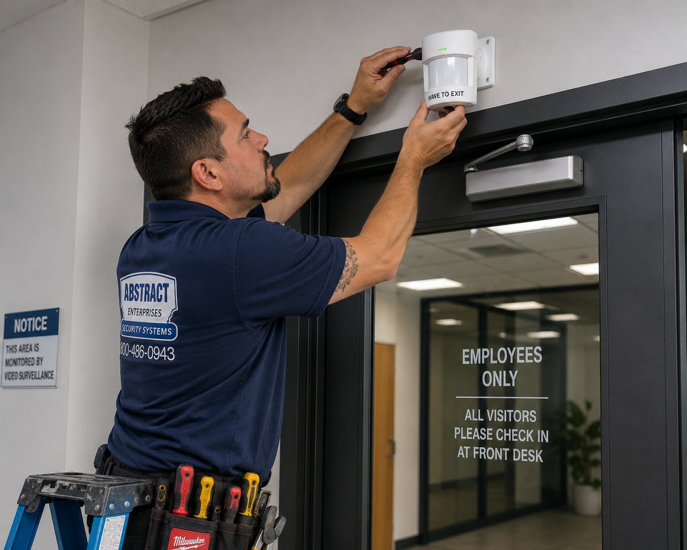 Commercial security systems NYC technician installing a wave-to-exit request sensor above an employees-only office door