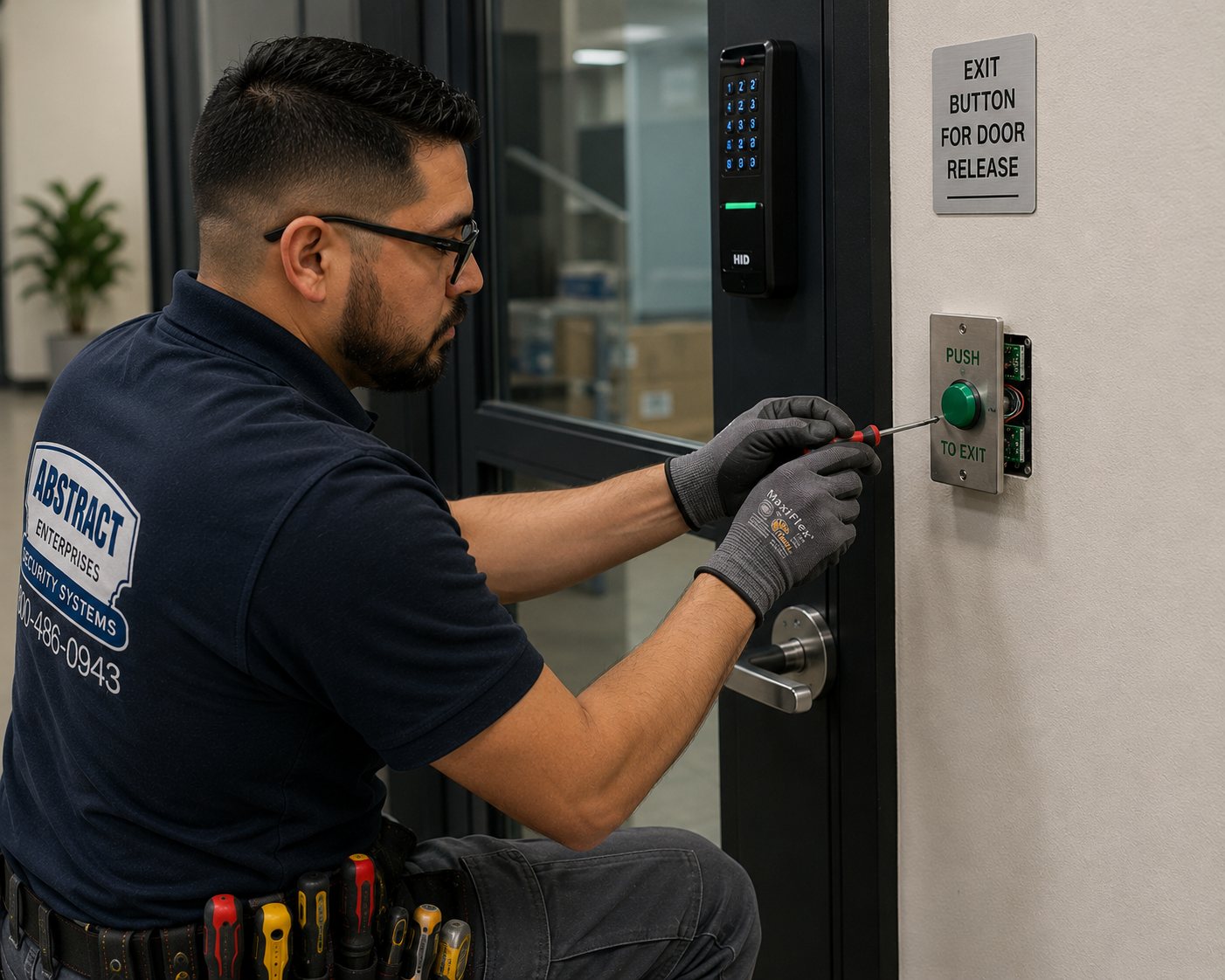 Commercial security systems NYC technician wiring a push-to-exit release button beside a keypad reader at an office door