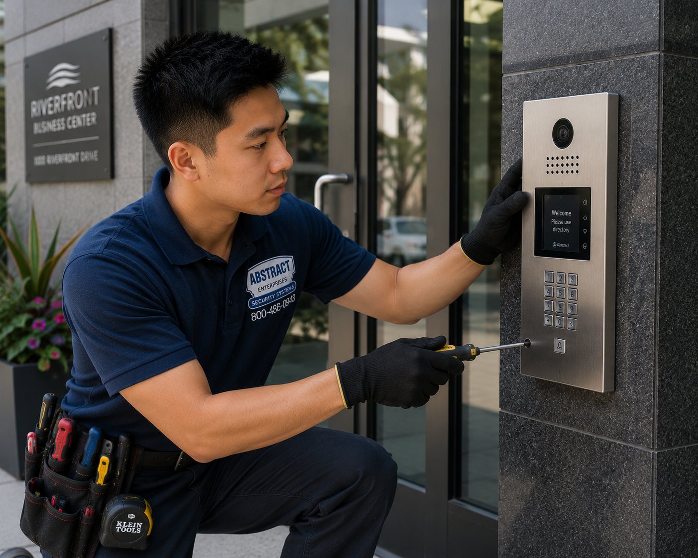Commercial security systems NYC installer commissioning a video intercom directory panel at a business building entrance