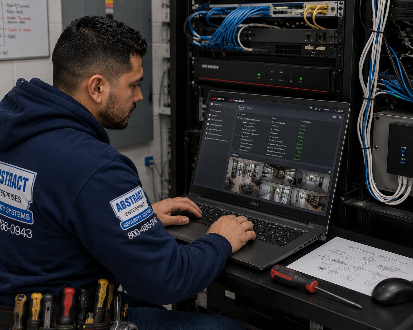 Commercial security systems NYC technician commissioning cameras and door controllers in video management software at the rack