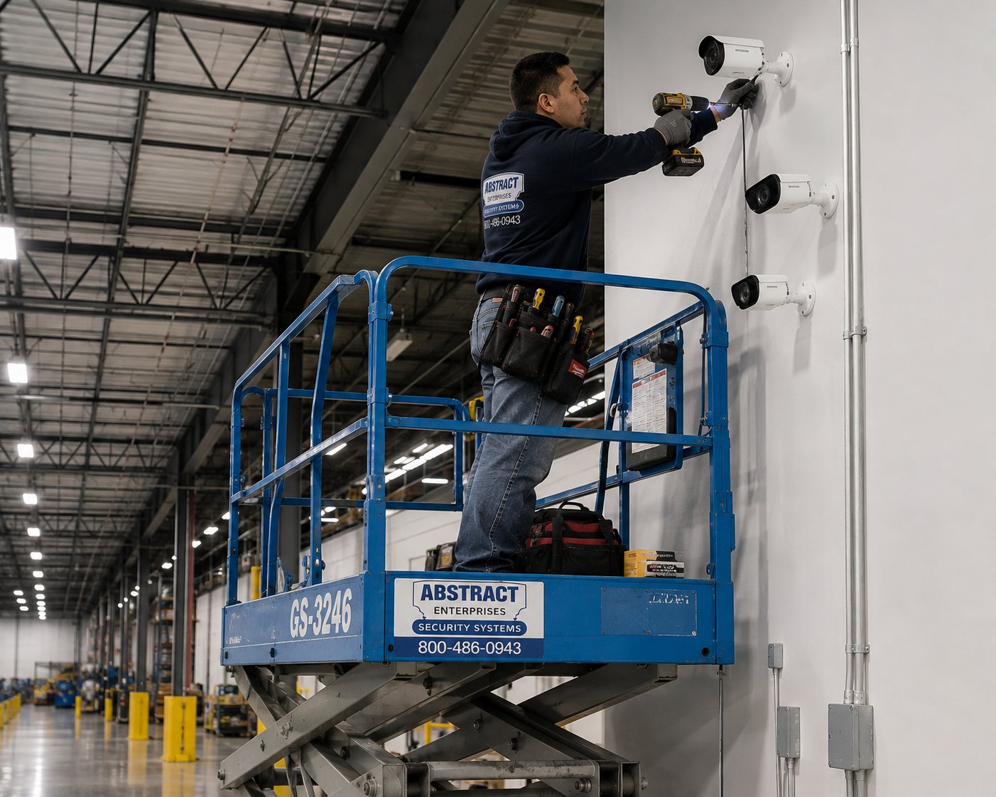 Commercial security systems NYC installer on a scissor lift wiring a row of bullet cameras in a distribution warehouse
