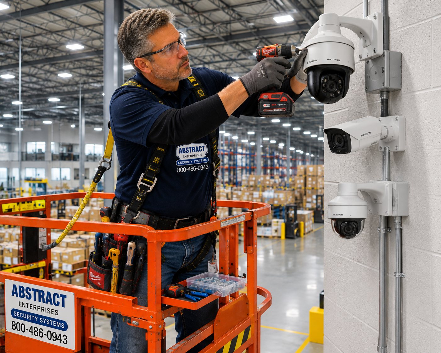 Commercial security systems NYC technician installing PTZ, bullet and dome cameras on a warehouse wall from a boom lift
