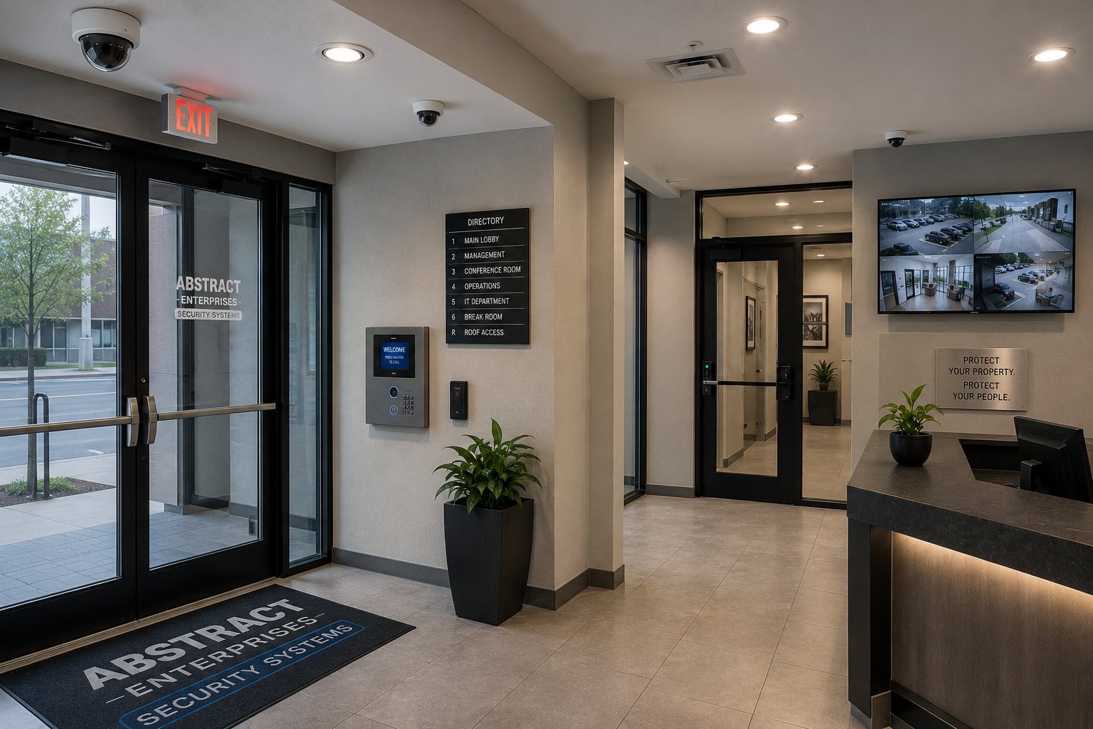 Commercial security systems Suffolk County finished lobby with video intercom, card reader, dome cameras and a live camera monitor