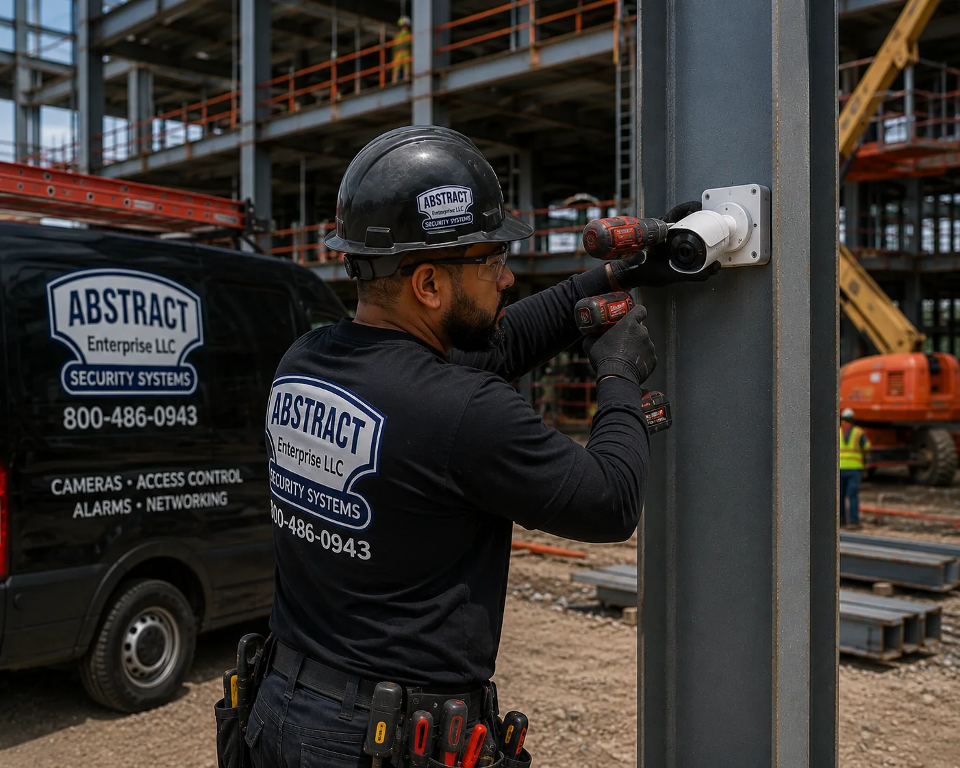 Installer drilling a compact bullet camera onto a steel column at an open Long Island construction site with lifts working behind him