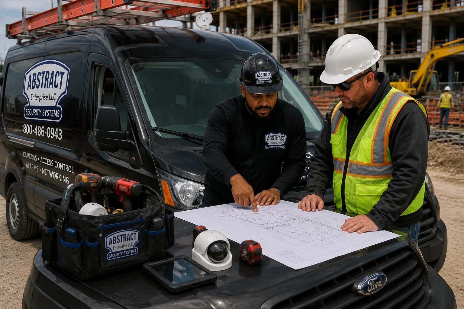 Abstract Enterprises technician and a contractor reviewing site plans on the hood of a company van outside a Brooklyn construction project