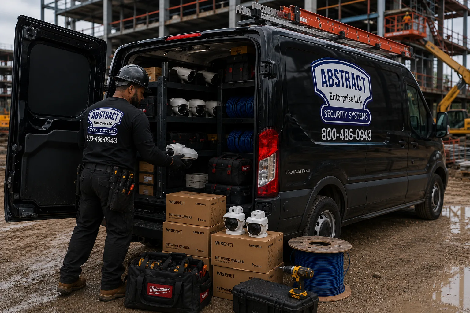 Abstract Enterprises van at a muddy site with racked camera units, boxed network cameras, and a cable spool staged for a Hudson Valley deployment