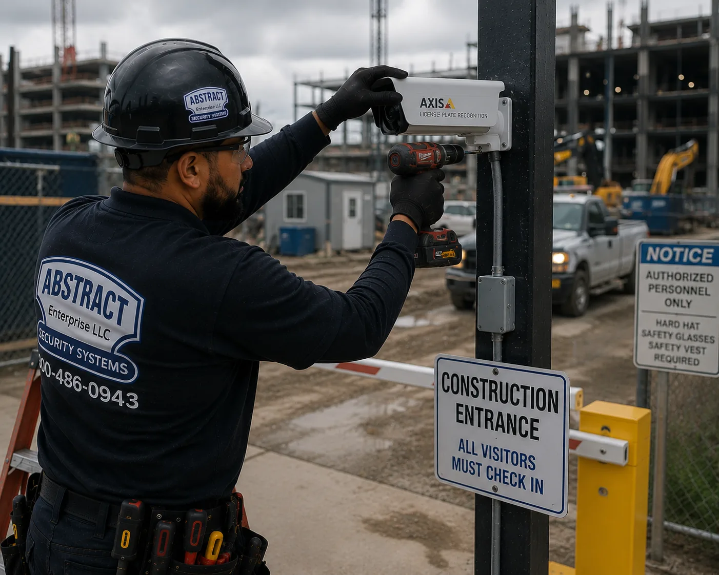 Abstract Enterprises installer mounting an Axis license plate recognition camera at a NYC construction entrance gate beside visitor check-in signage