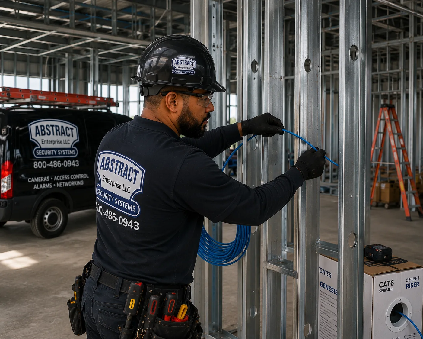 Installer pulling blue Cat6 cable through steel stud framing beside a boxed spool for construction site camera wiring in Brooklyn