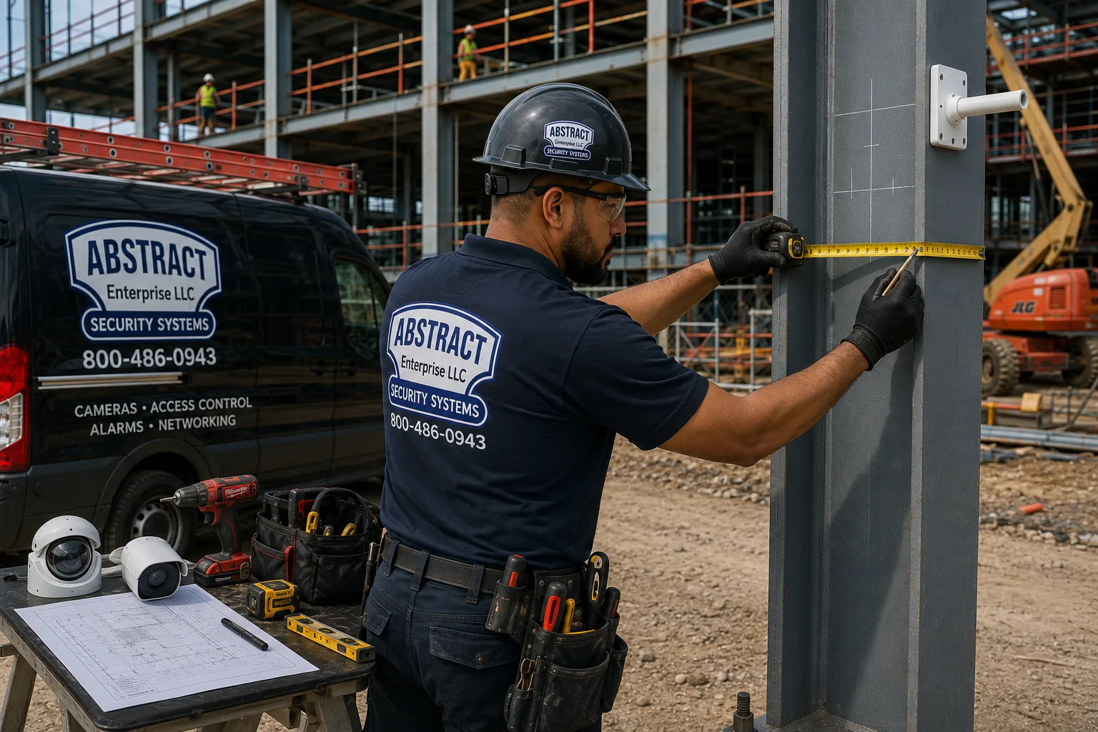 NYC construction site CCTV installer marking camera mounting height on a steel column with dome and bullet cameras and drawings laid out on a work table