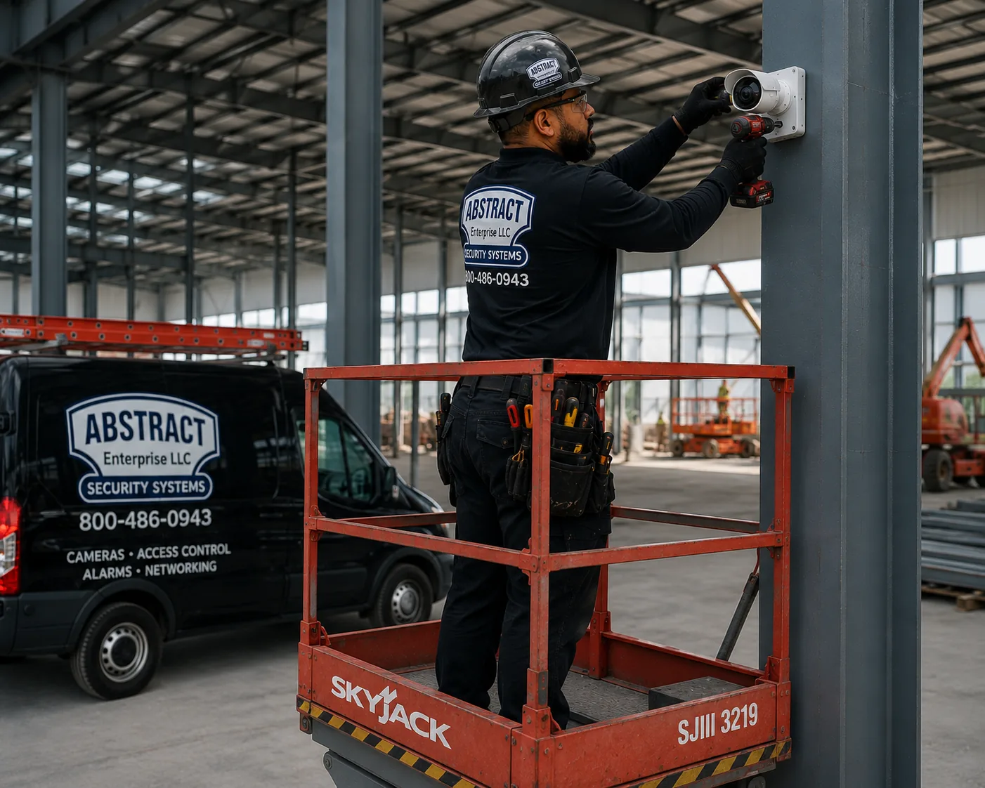 Technician on a scissor lift fastening a compact camera to a steel column inside a bright open floor plate during a Manhattan construction site security camera installation