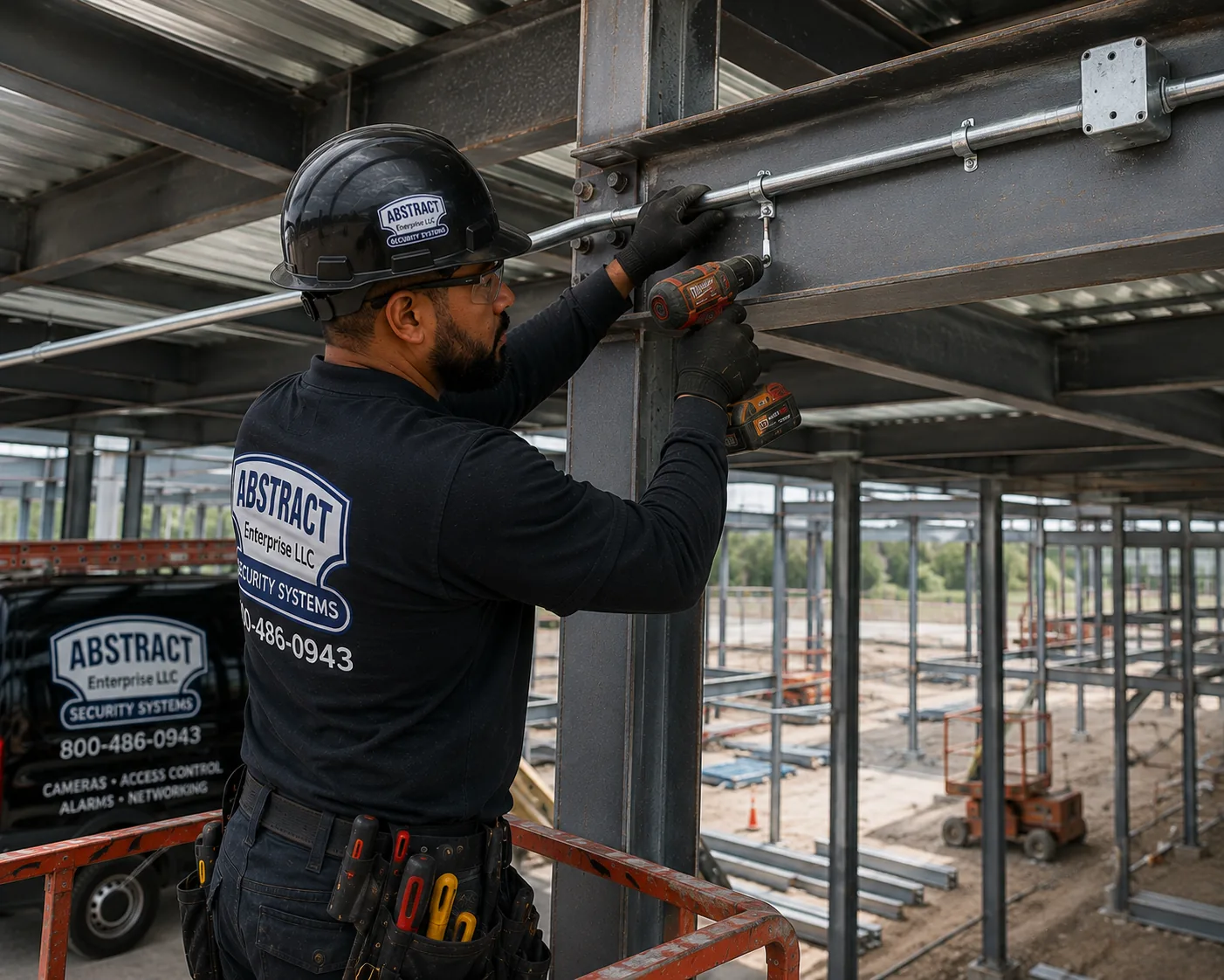 Installer running galvanized conduit along a steel beam with a drill to feed camera positions on a Long Island commercial frame
