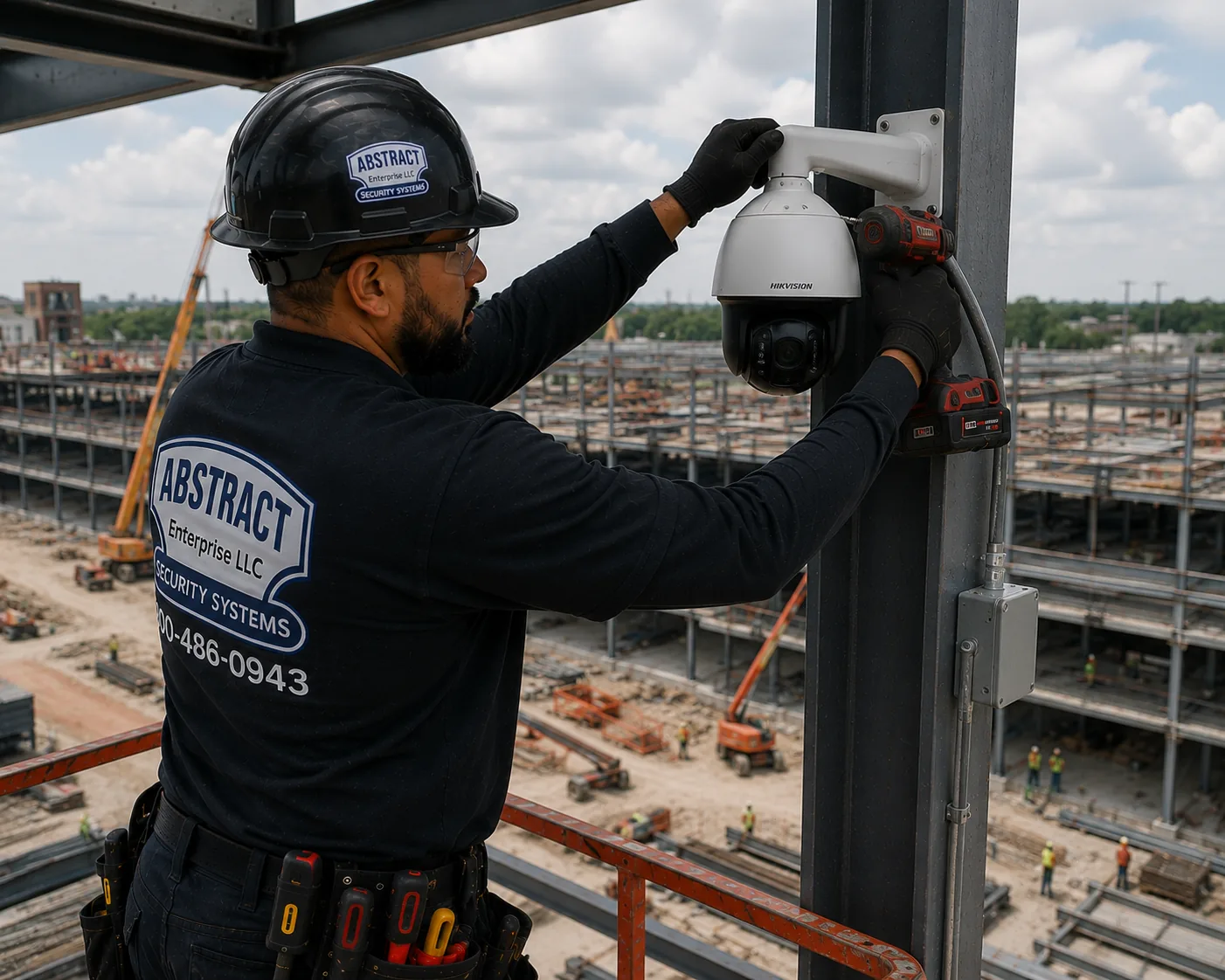 Abstract Enterprises technician fastening a PTZ dome to structural steel high above a framed-out deck during a jobsite security camera installation in the Hudson Valley