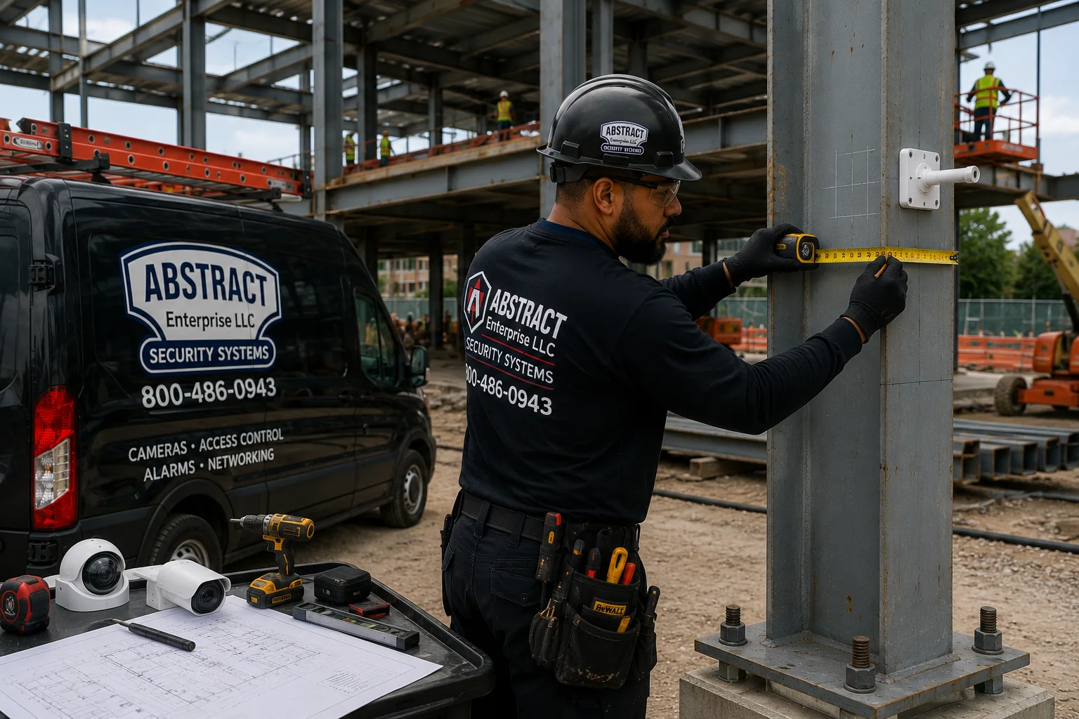 Installer marking a camera mount height on a steel column with cameras and plans staged on a table at a Hudson Valley construction site