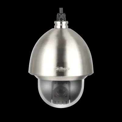Long Island Dahua camera installation product photo: a brushed stainless steel PTZ dome camera with a pendant cap and clear lower bubble