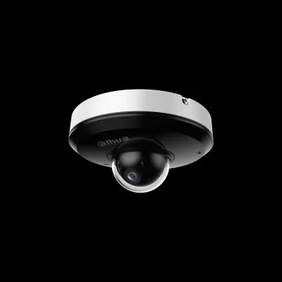 Dahua camera installation Long Island product photo: a low white mini pan-tilt dome camera with a dark lens bubble on a black background