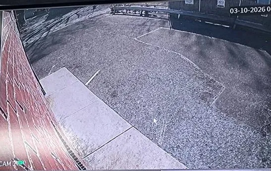 Suffolk County Dahua camera installation example photo: one tile of a recorder monitor showing a wide view along a red brick wall to a paved parking lot, labelled CAM 2 with a date stamp
