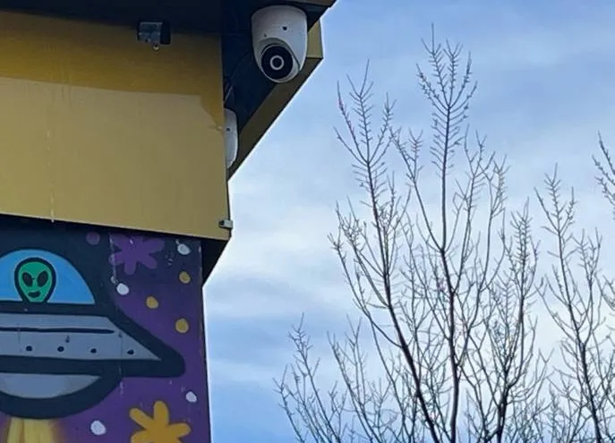 Suffolk County Dahua camera installation example photo: a white turret camera tucked under the corner of a yellow fascia, above a purple panel painted with a flying saucer, with bare branches against a blue sky