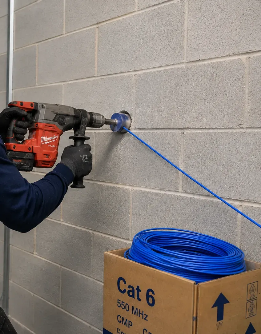 Rotary hammer coring a block wall for a cable entry, Astoria Queens Rotary hammer opening a round entry through a concrete-block wall for cable, fiber optic installation in Astoria, Queens