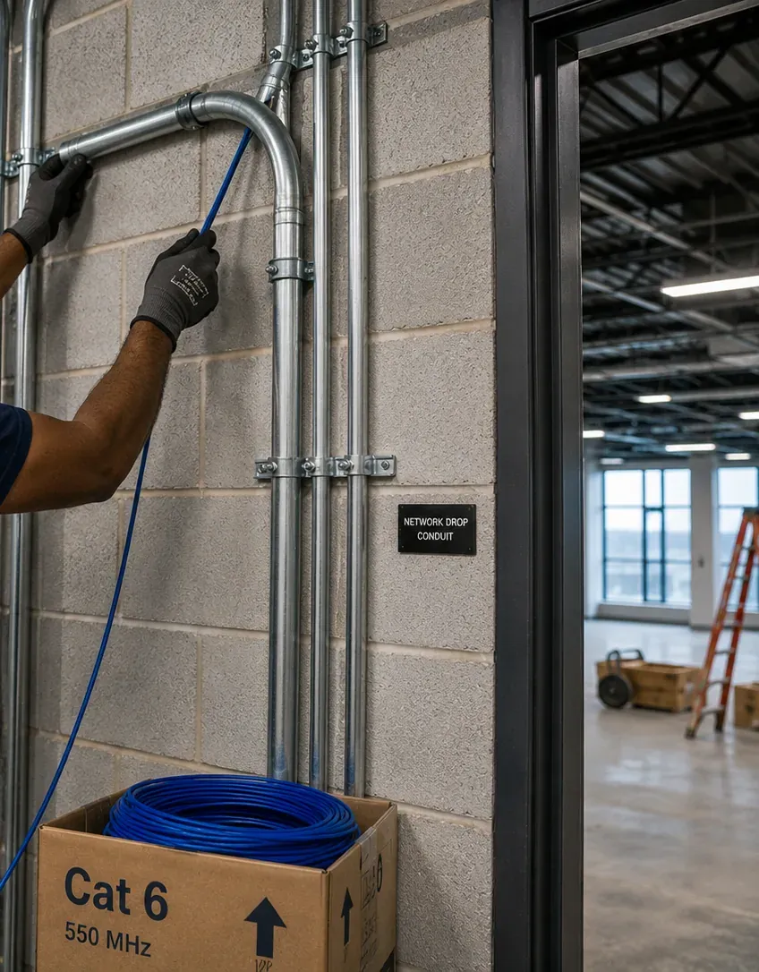 EMT conduit sweep with cable pull on a block wall, Astoria Queens Cable pulled through a bent EMT conduit sweep on a block wall marked network drop conduit, Astoria, Queens