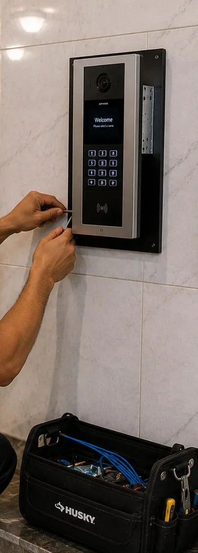 Video entry panel being wired on a lobby wall, Astoria Queens building systems Hands wiring a video entry panel on a tiled lobby wall, a building system that can ride owner fiber in Astoria, Queens