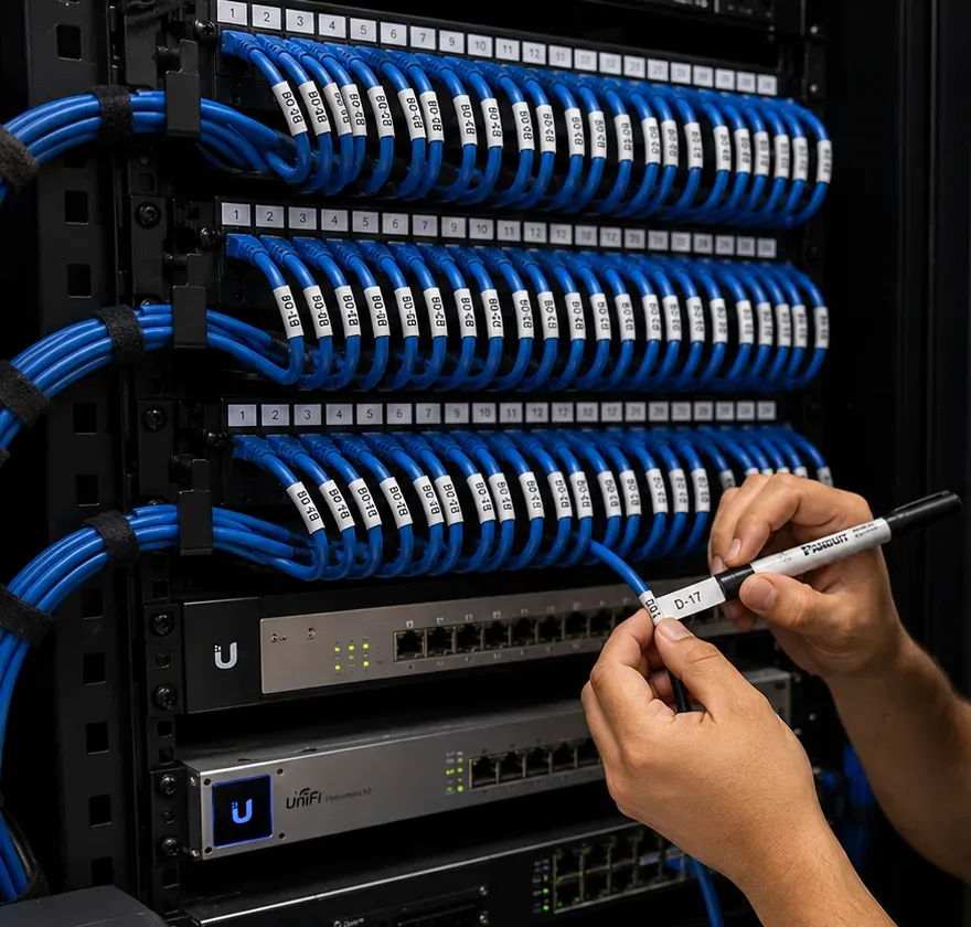 Labelling a patch cord at numbered panels, Astoria Queens network closet Hands writing a label on a patch cord at numbered patch panels, labelling work for fiber optic installation in Astoria, Queens
