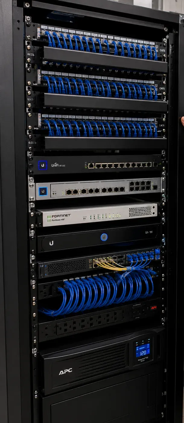 Rack with switches and UPS battery, Astoria Queens powered equipment Network rack with patch panels, switches, a firewall and a UPS at the base, powered equipment for fiber networks in Astoria, Queens