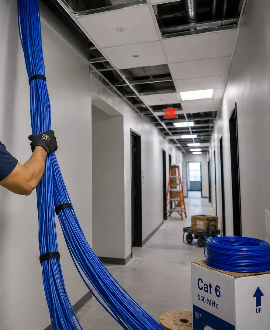 Strapped cable bundle lifted to a corridor ceiling, Astoria Queens cabling Bundled cable being lifted toward an open corridor ceiling, cabling work alongside fiber optic installation in Astoria, Queens