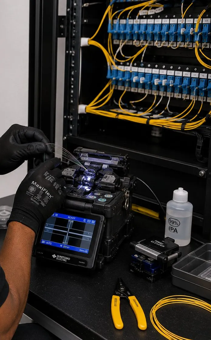 Fusion splicer at an SC patch rack, Astoria Queens fiber splicing Gloved hands feeding fiber strands into a fusion splicer beside an SC patch rack, fiber optic installation in Astoria, Queens