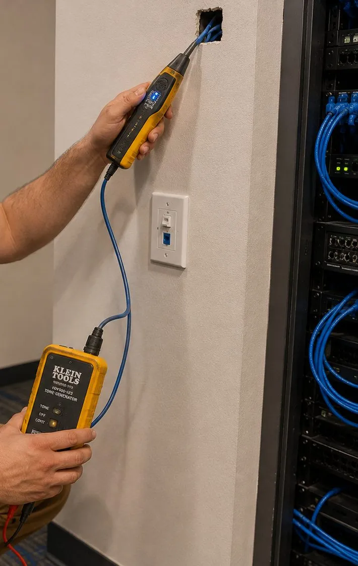 Tracing a cable with a tone probe at a wall opening, Astoria Queens Tone probe tracing a cable at a wall opening beside a rack, tracing existing cables in Astoria, Queens
