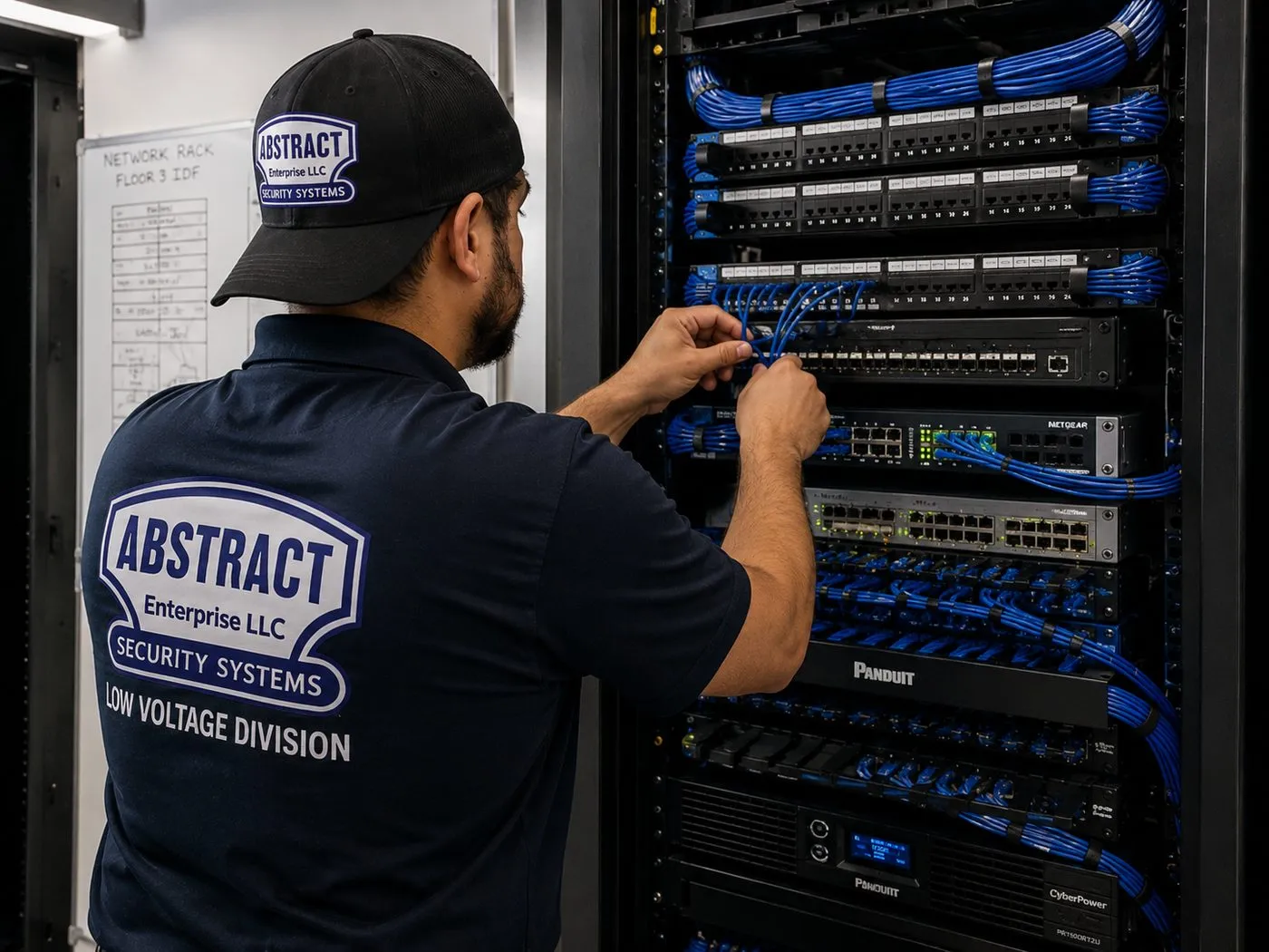 Patching a floor IDF rack — Bronx telecom closet Technician patching cords between patch panels and switches in a floor IDF rack with a UPS at the bottom, Bronx telecom closet