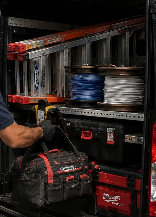 Van shelving with reels and ladders — Brooklyn Navy Yard job logistics Gloved hand lifting a tool bag from a work van shelf stocked with blue and white cable reels, ladders and tool cases — Brooklyn Navy Yard fiber work