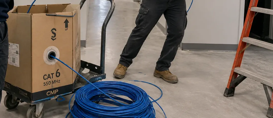 Cable box on a hand truck feeding a coil, Charleston Staten Island new building Cable paying out of a box on a hand truck into a coil on a bare concrete corridor floor, new-building cabling in Charleston, Staten Island