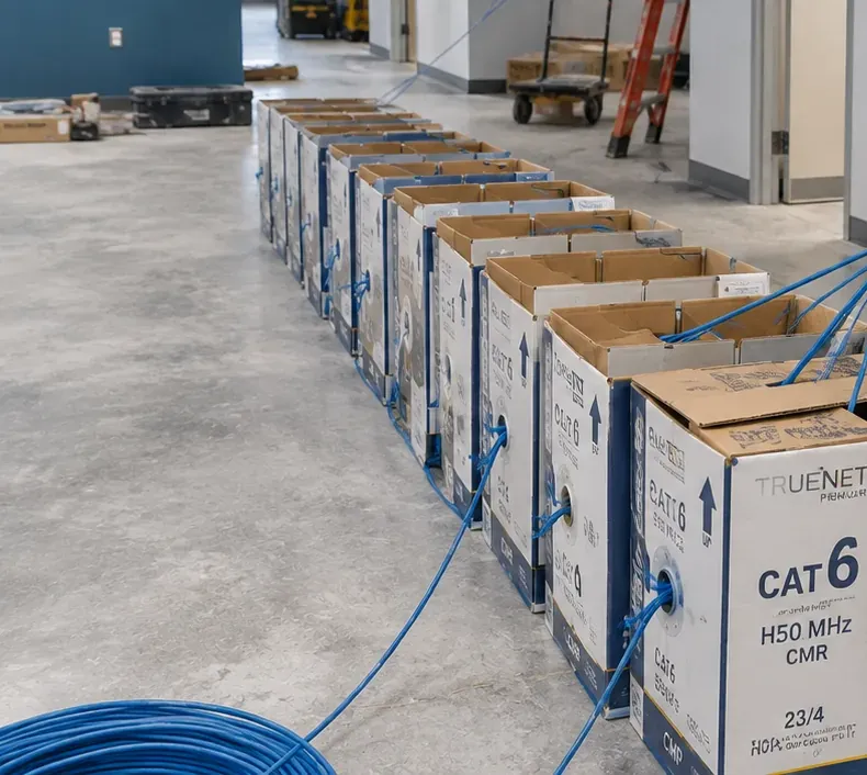 Cable boxes lined up on an unfinished concrete floor, Charleston Staten Island fit-out Row of cable boxes paying out cable along a bare concrete floor in an unfinished interior, fiber and cabling fit-out in Charleston, Staten Island