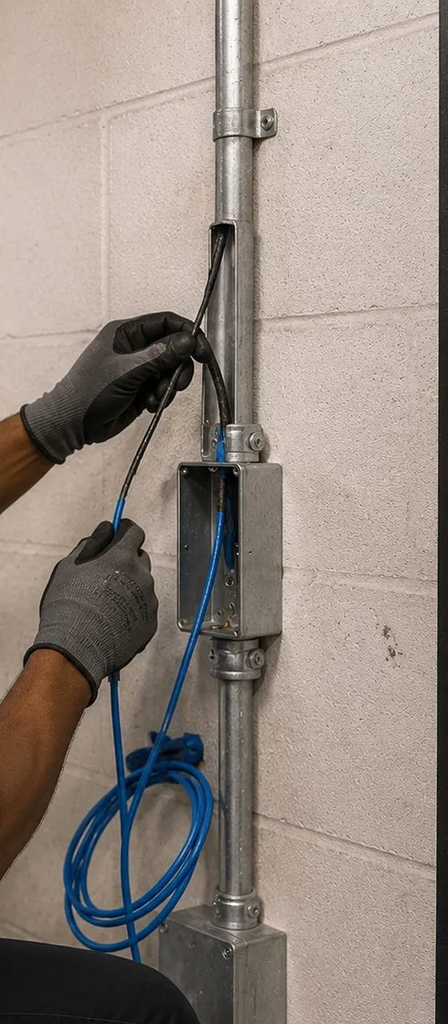 Cable fed into an EMT pull box on a block wall, Charleston Staten Island pathway Gloved hands feeding cable into a steel pull box on EMT conduit fixed to a concrete-block wall, fiber pathway work in Charleston, Staten Island