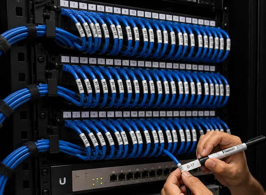 Labelling patch cords at numbered panels, Charleston Staten Island cable records Hands writing on a numbered label for a patch cord in front of three labelled patch panels and switches, cable labelling in Charleston, Staten Island