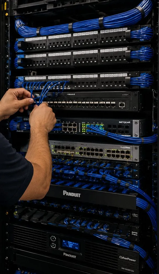 Patching between panels and switches in an equipment rack, Charleston Staten Island Hands patching blue cords between patch panels and network switches in a dressed equipment rack, store back-office network in Charleston, Staten Island