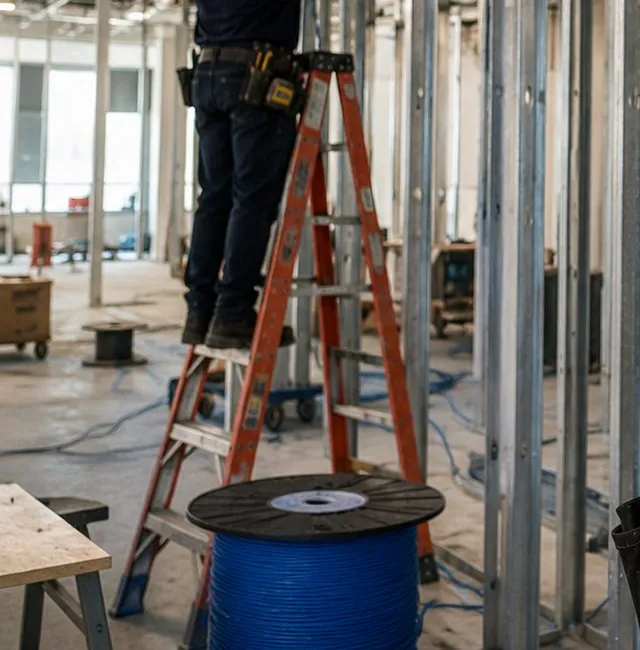 Cable spool among steel stud framing, Charleston Staten Island new-construction rough-in Spool of blue cable on a bare concrete floor among new steel stud framing, low-voltage rough-in during a building fit-out in Charleston, Staten Island