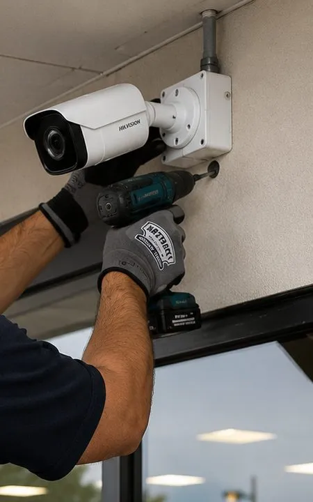 Bullet camera fixed to a storefront soffit with conduit, Charleston Staten Island retail Gloved hands driving a screw beside a bullet camera on a store soffit with conduit above, retail low-voltage work in Charleston, Staten Island