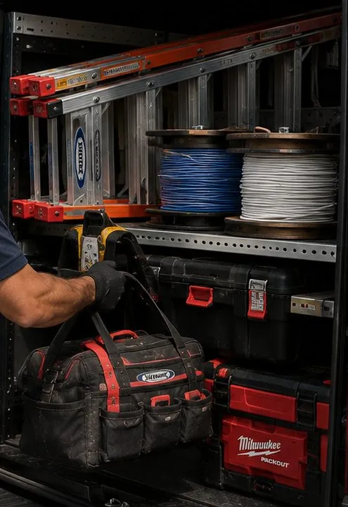 Van with ladders, cable reels and tool cases, Charleston Staten Island crew Service van interior with ladders racked above reels of blue and white cable and red tool cases, crew vehicle for fiber work in Charleston, Staten Island