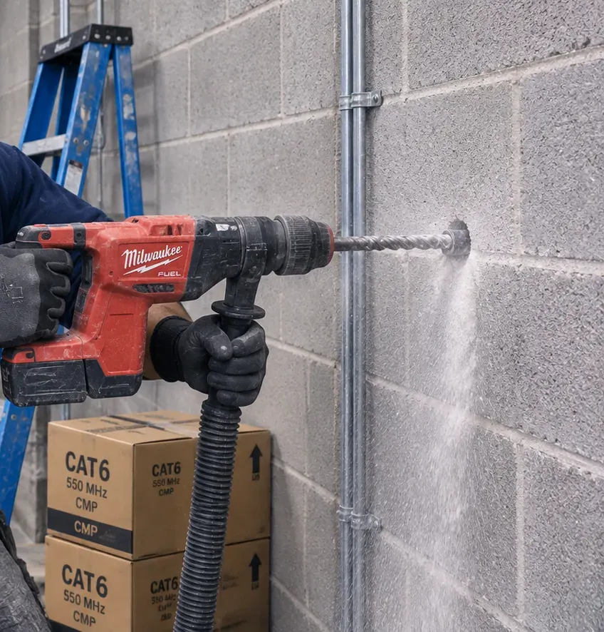 Rotary hammer coring a block wall next to steel conduit, College Point Queens Rotary hammer drilling into a concrete block wall beside a vertical steel conduit, pathway work for fiber optic installation in College Point, Queens