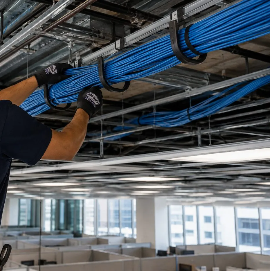 Cable bundle seated in J-hooks under a steel deck, College Point Queens Gloved hands seating a large bundle of blue cable in black J-hooks below a steel deck, pathway support for fiber optic installation in College Point, Queens