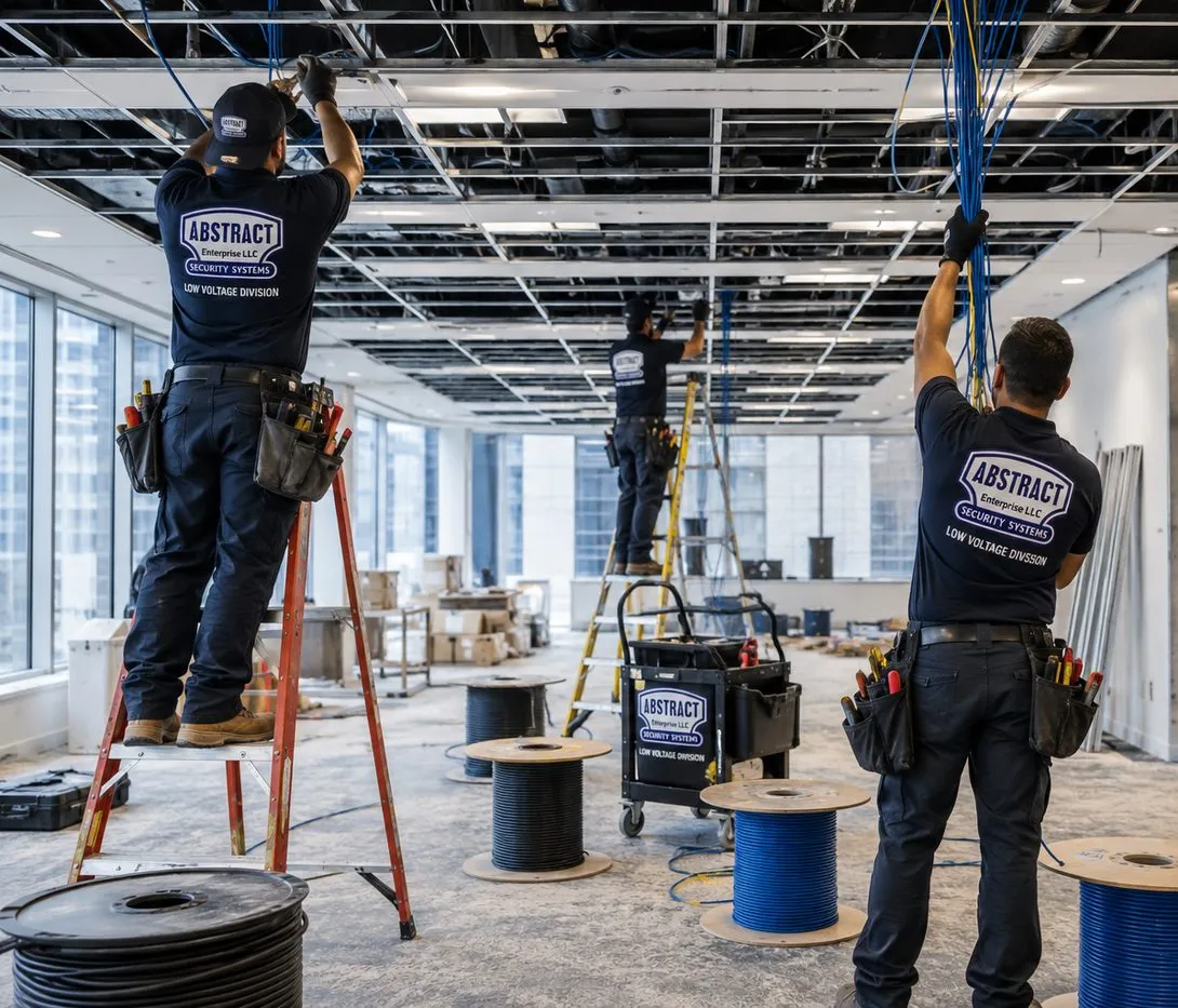Crew pulling cable through an open ceiling grid from floor reels, College Point Queens Three technicians pulling cable through an open ceiling grid above reels on the floor, a cabling crew at work in College Point, Queens