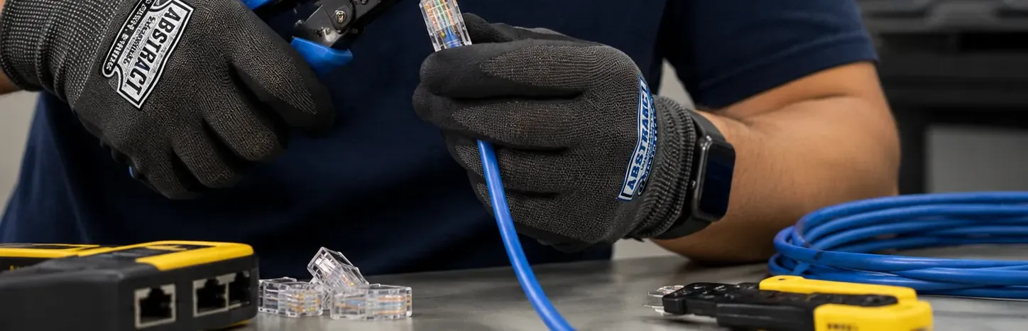 Crimping a blue patch cord at a test bench, College Point Queens Gloved hands crimping a connector onto a blue patch cord at a bench with a cable tester, the copper side of a fiber optic installation in College Point, Queens