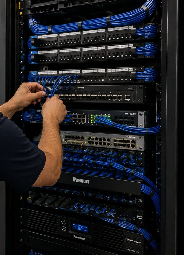 Patching blue cords between panels and switches, College Point Queens network rack Hands patching blue cords between panels and switches in a tall network rack, the main rack end of a fiber optic installation in College Point, Queens