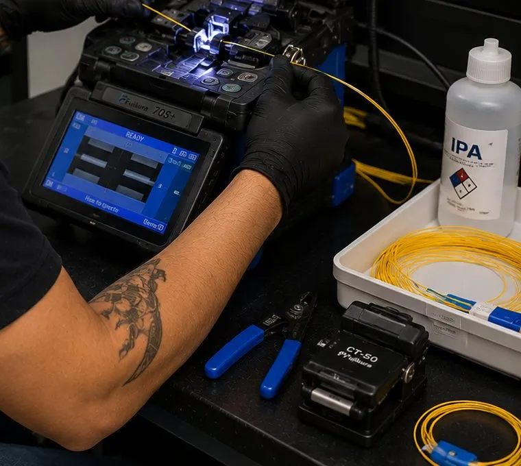 Fusion splicer with cleaver and IPA bottle, College Point Queens fiber bench Gloved hands guiding yellow fiber into a fusion splicer on a work bench, fiber optic installation in College Point, Queens
