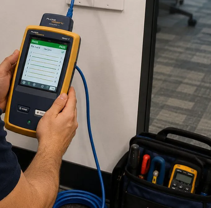 Certification tester reading PASS at a wall jack, College Point Queens Handheld cable certification tester showing PASS while connected to a wall jack, testing during fiber optic installation work in College Point, Queens