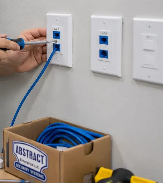 Data wall plate being fixed beside a box of blue cable, College Point Queens Screwdriver fixing a white data wall plate with blue jacks beside two more plates, an outlet at the end of fiber optic installation in College Point, Queens
