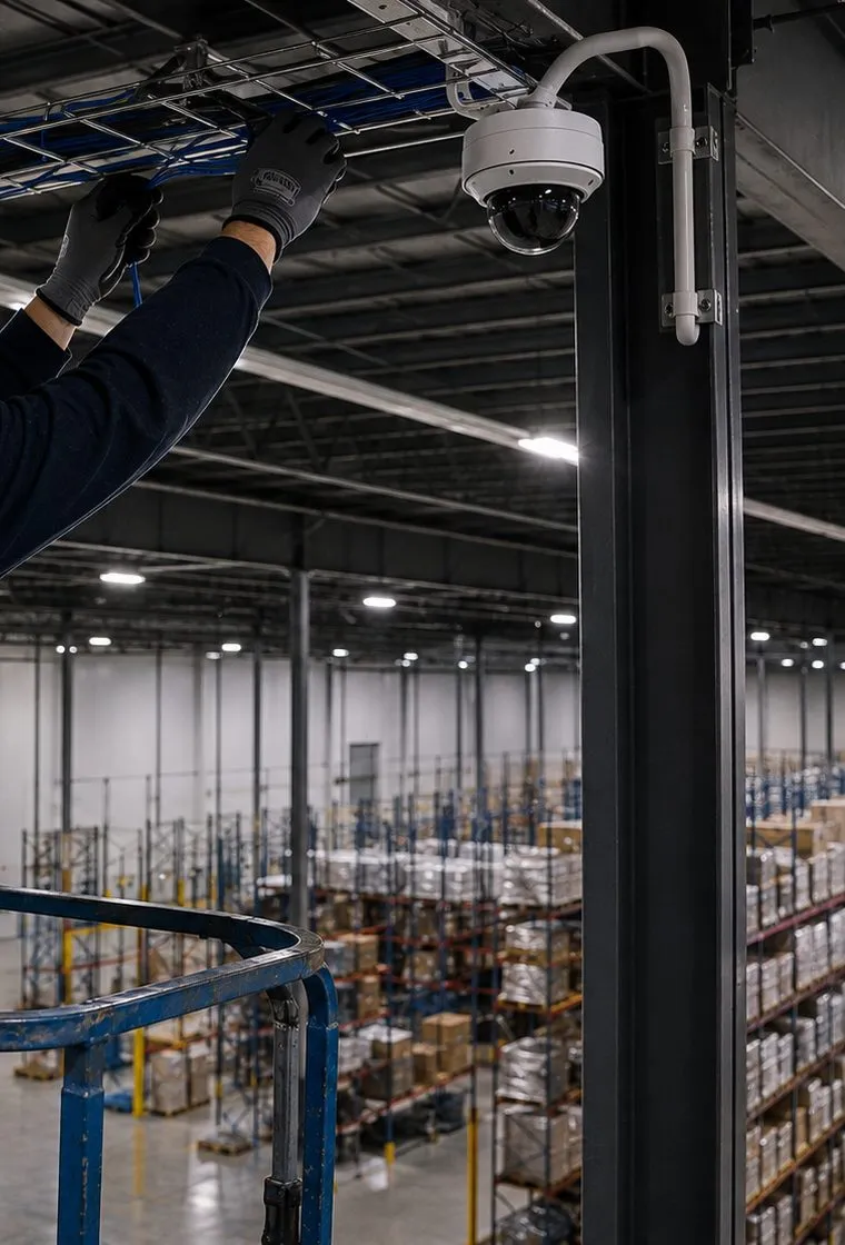 Wire basket tray at roof level over warehouse racking, College Point Queens Gloved hands working at a wire basket tray high in a warehouse with racking below, cabling for fiber optic installation in College Point, Queens