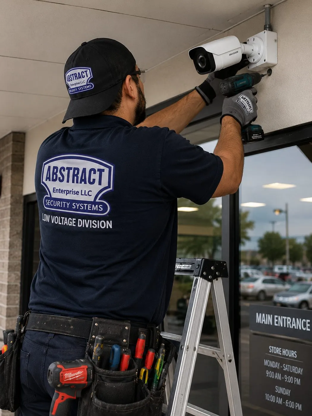 Fitting a camera under a store canopy — Downtown Brooklyn retail Technician on a stepladder fixing a bullet camera under a storefront canopy, typical of Downtown Brooklyn retail podium work