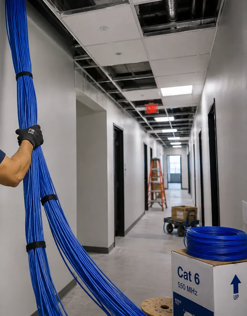Gloved hand holding a long bundle of blue cable beside an unfinished corridor with open ceiling tiles during a DUMBO, Brooklyn office fit-out